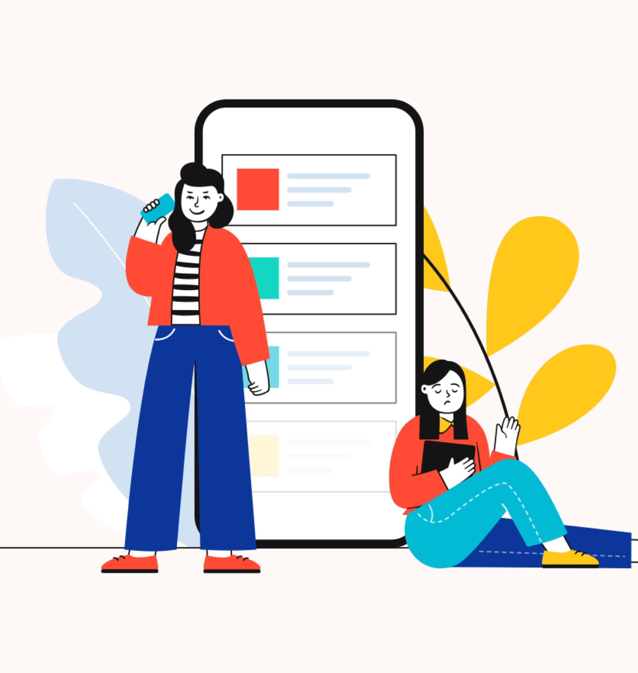 Illustration of two women leaning against large screen