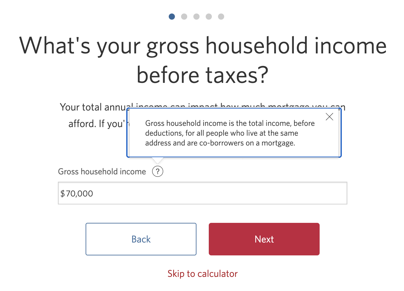 Form field for gross household income including tool tip with the definition