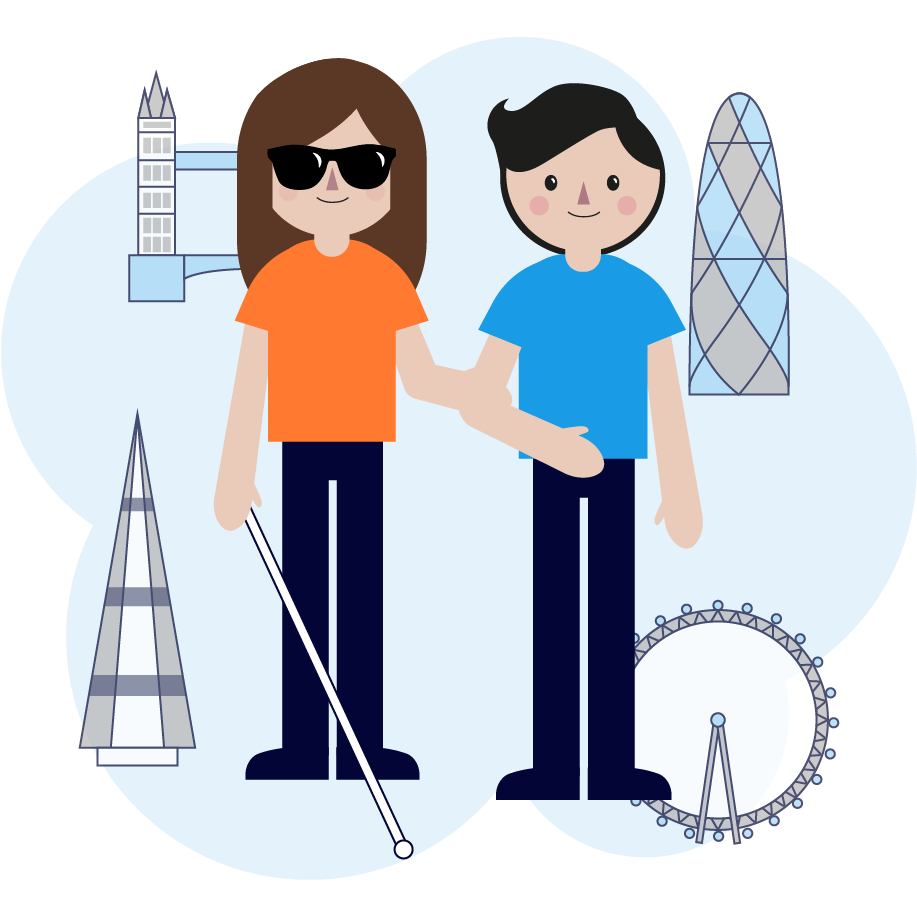 Smailing visually impaired girl walking with volunteer in London