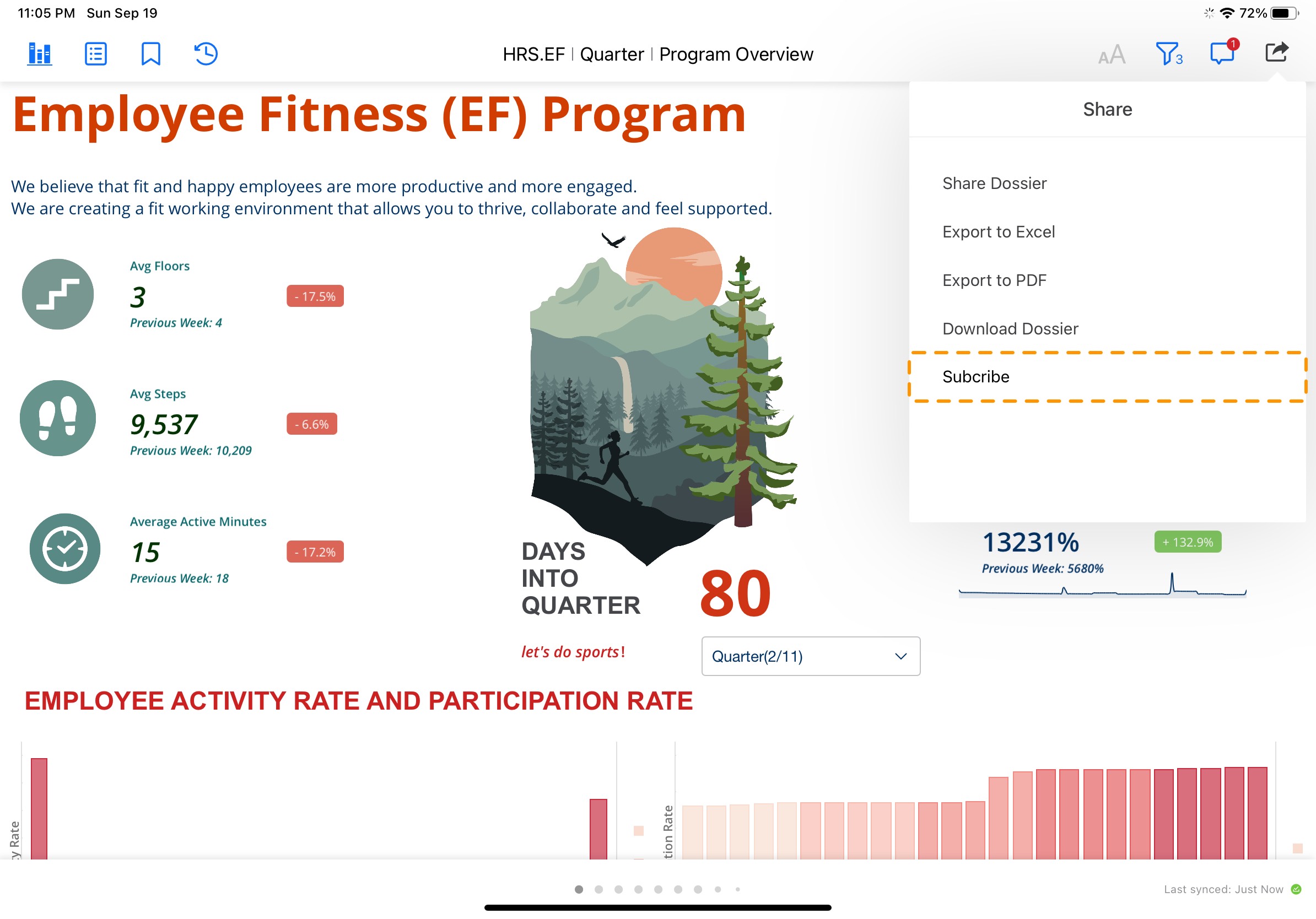 Entry point of creating a new subscription highlighted in orange on the Share panel within a dossier..