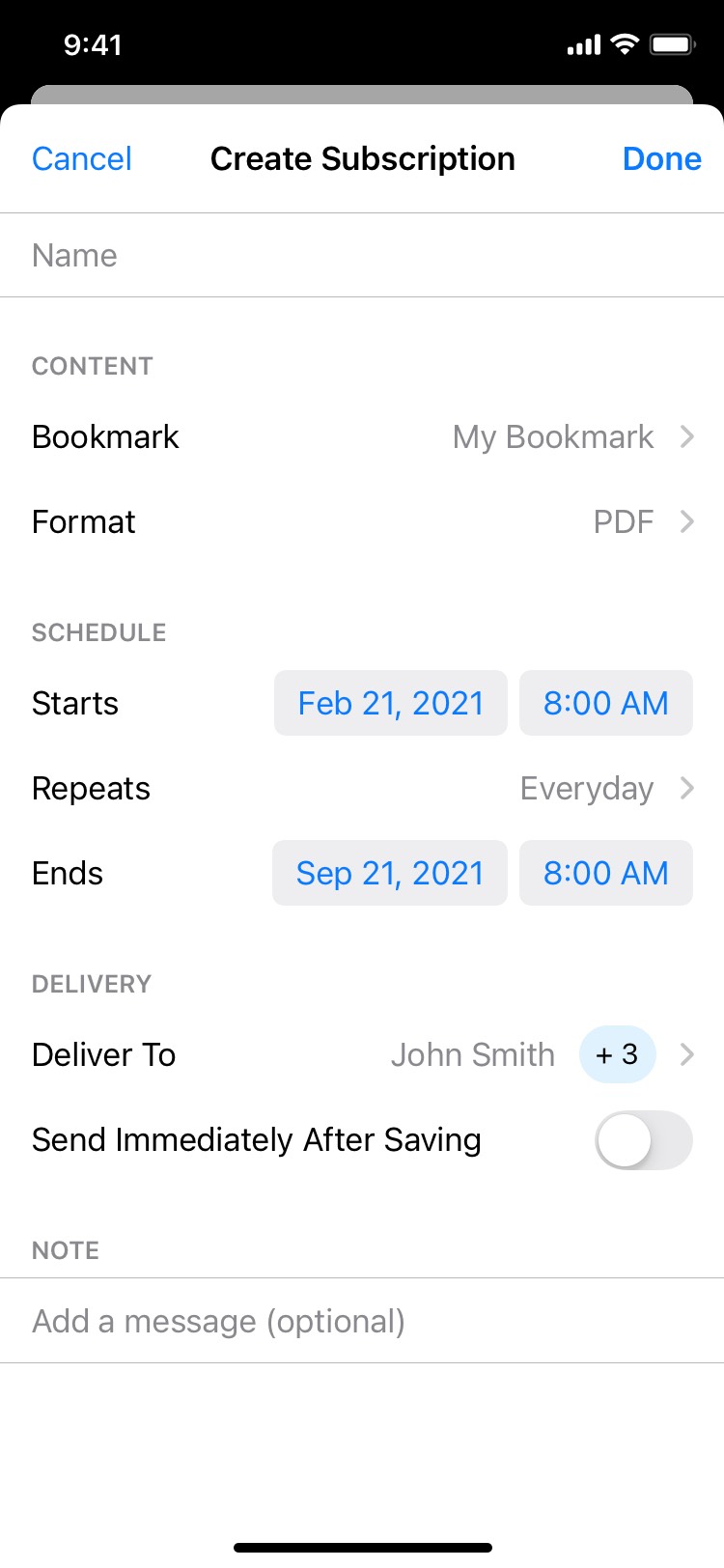 Create subscription page with configuration options for a new subscription on iOS..