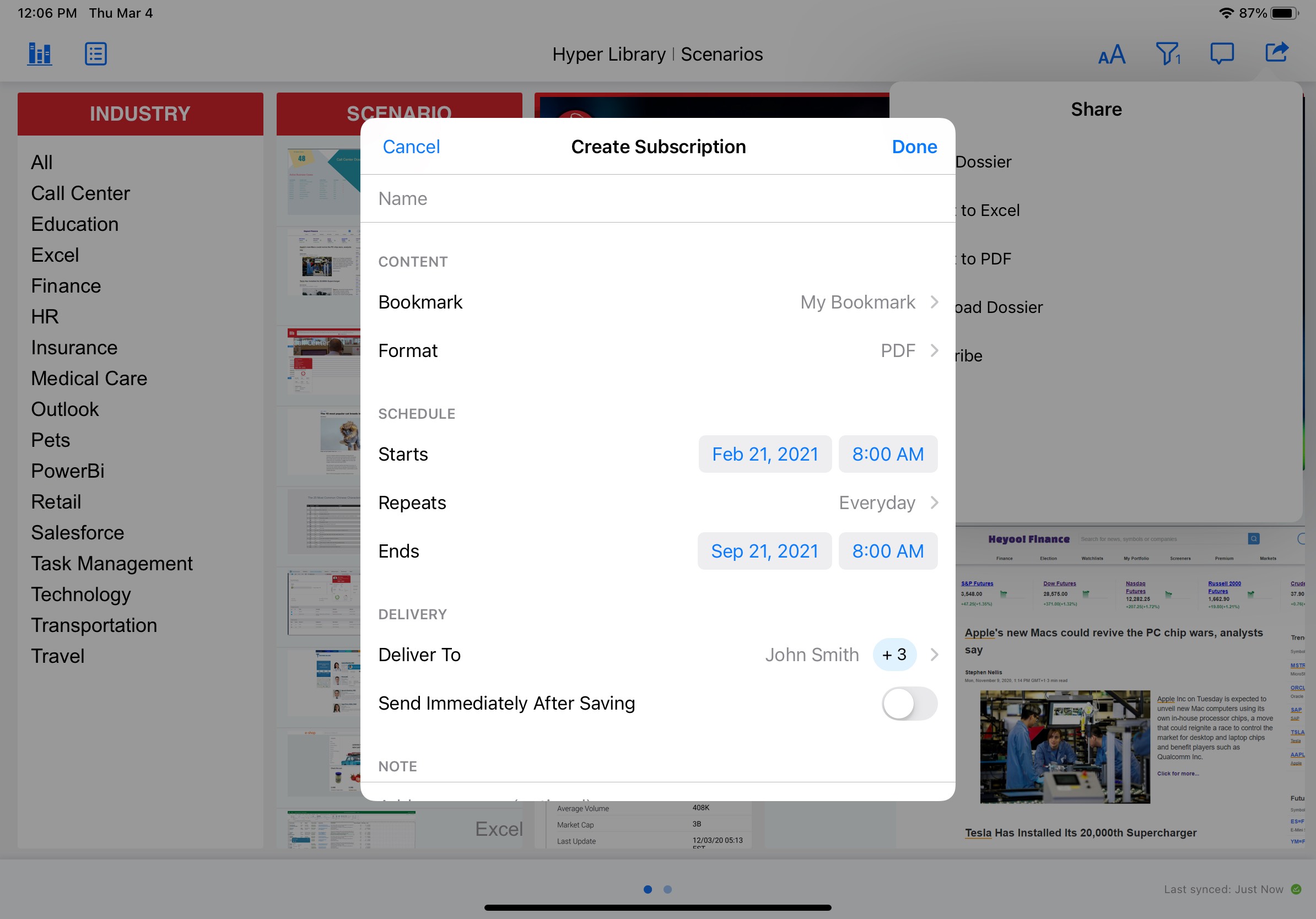 Create subscription page with configuration options for a new subscription on iPadOS..