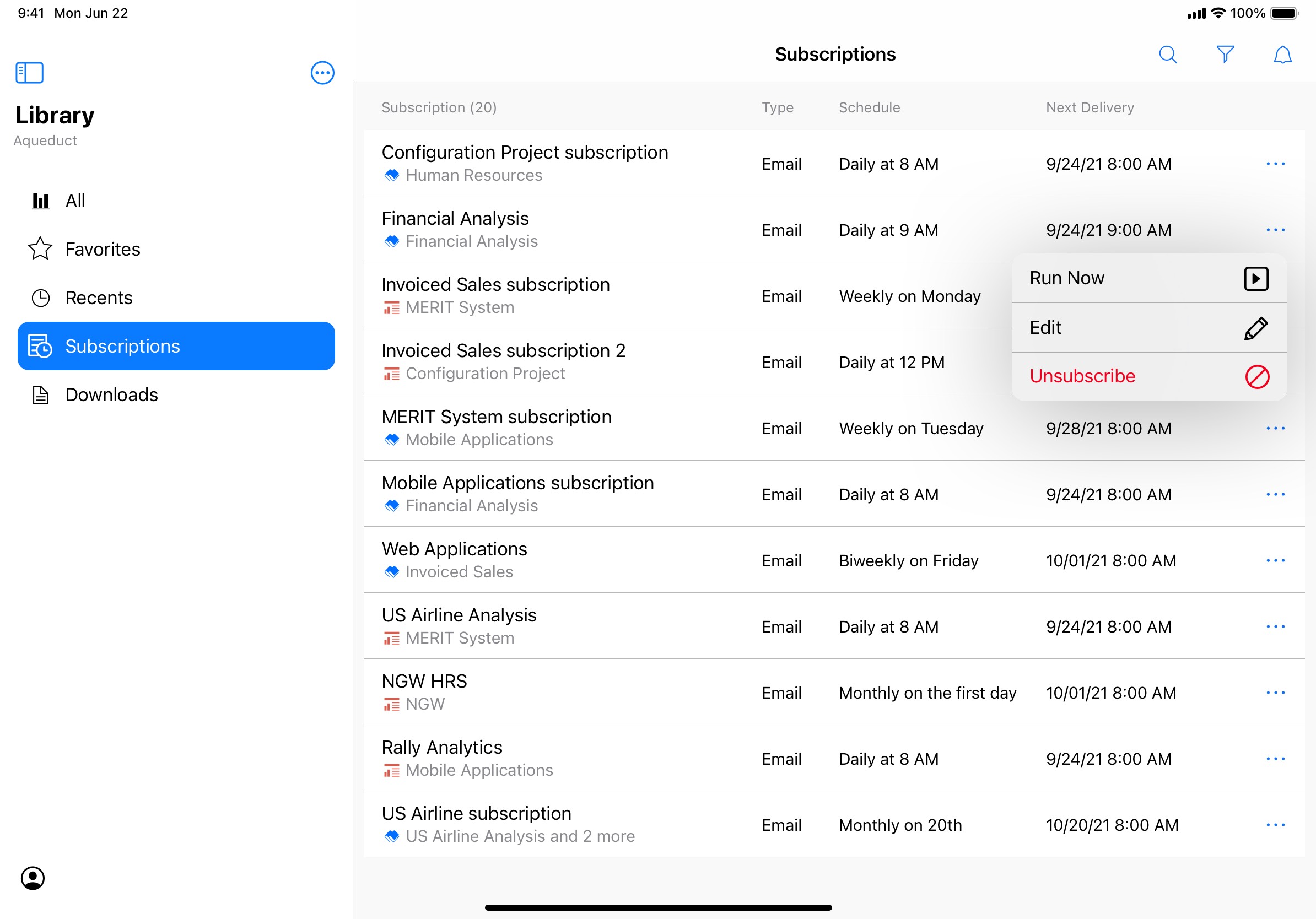 A centralized master-detail view of subscriptions.