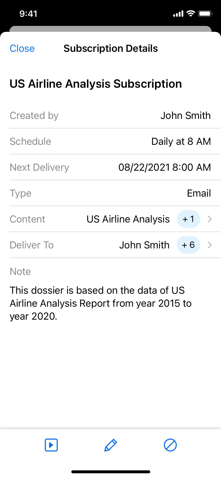 A table view of essential information about a subscription on iOS..