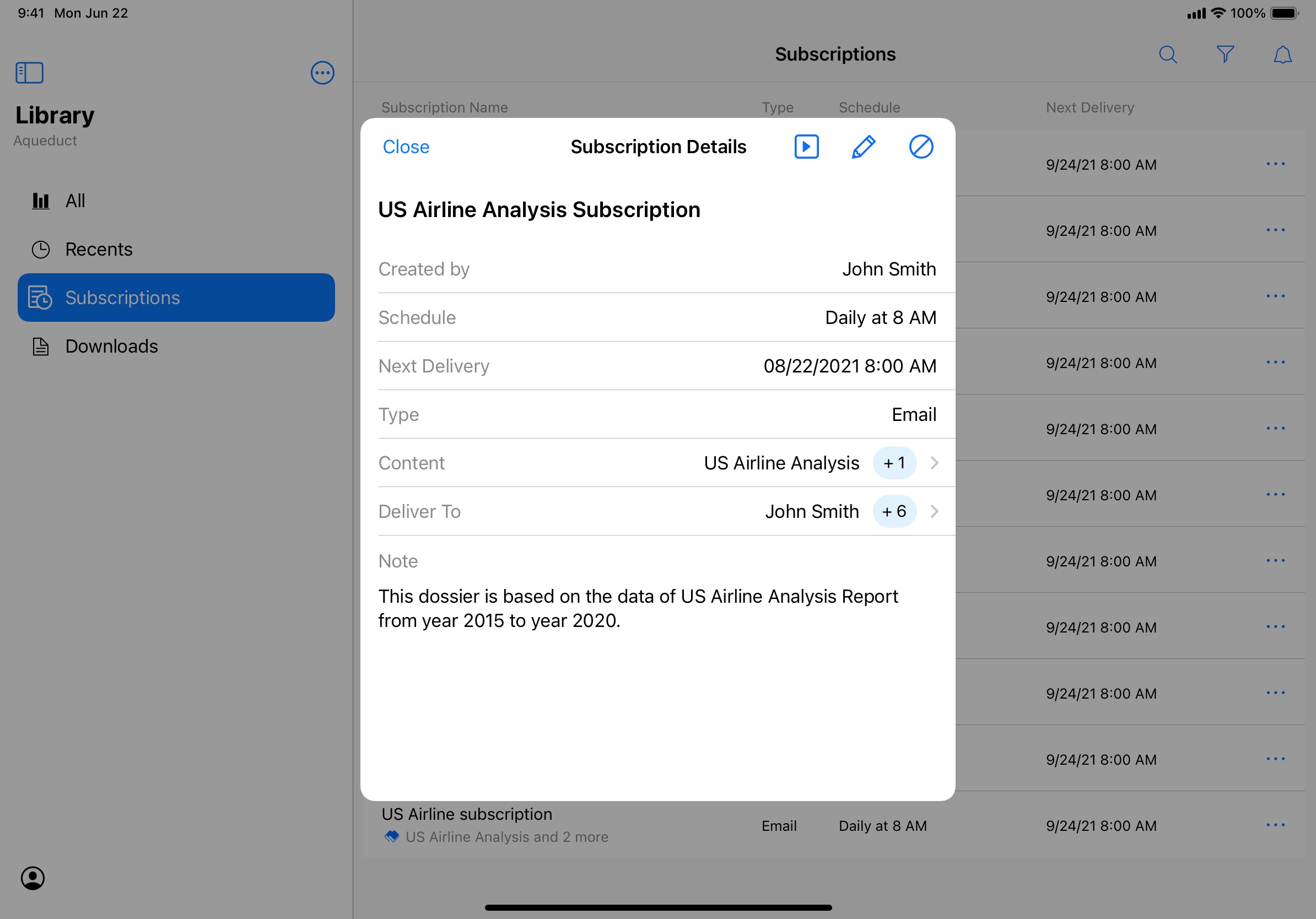 A table view of essential information about a subscription on iPadOS..