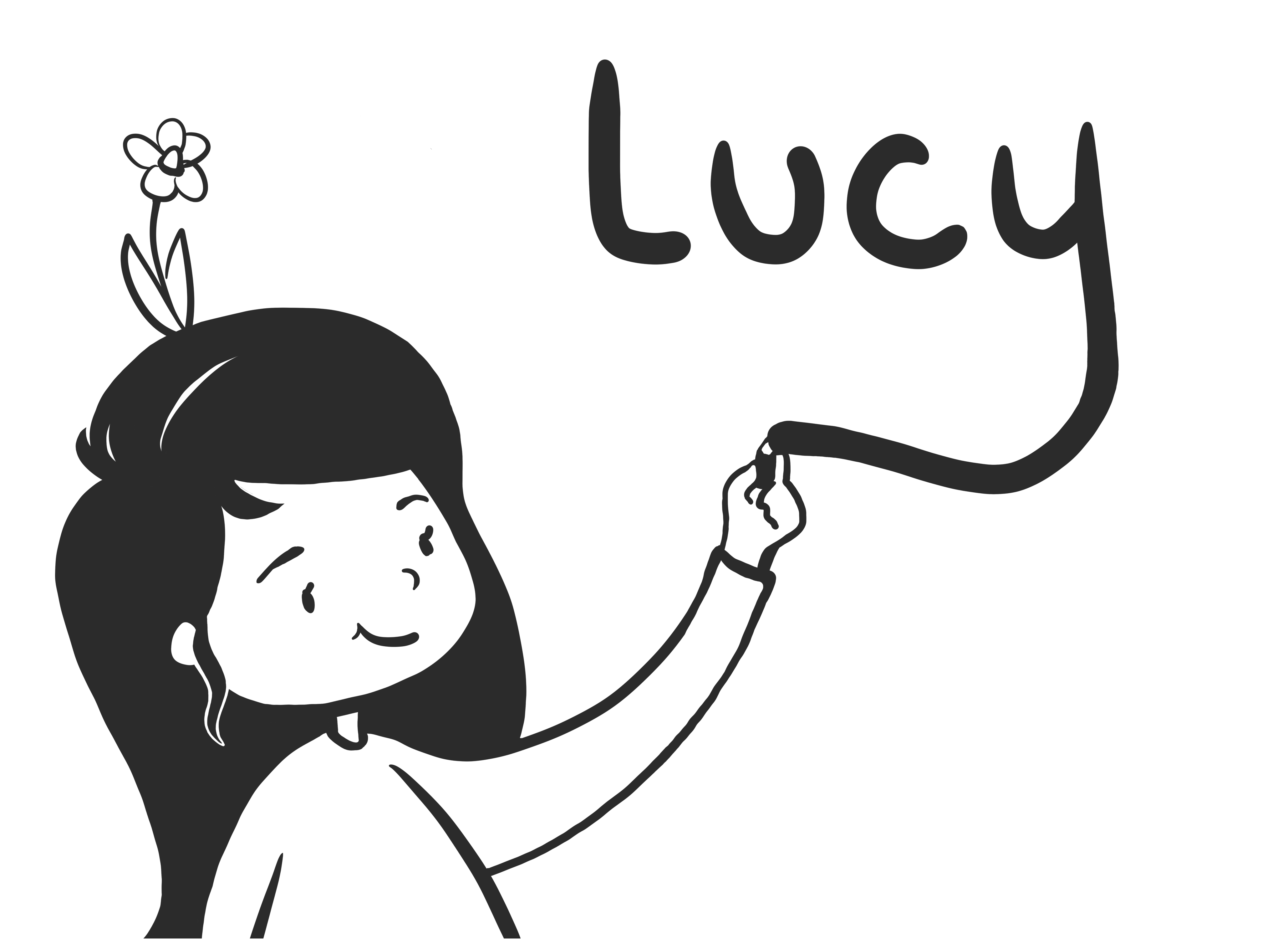 Lucy: a black and white, hand-drawn self portrait in a cartoon style. The girl has dark hair, a flower on her head, and is writing the name Lucy on the wall.