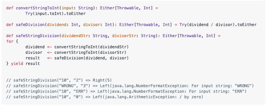 The Scala control structure “for-comprehension” allows to easily combine Option, Either and Try to return the first error encountered.