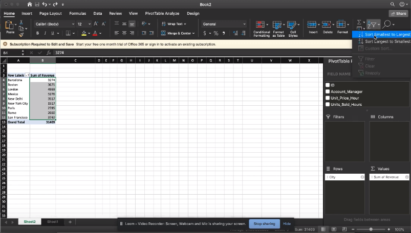 sort data in a pivot table, table 3