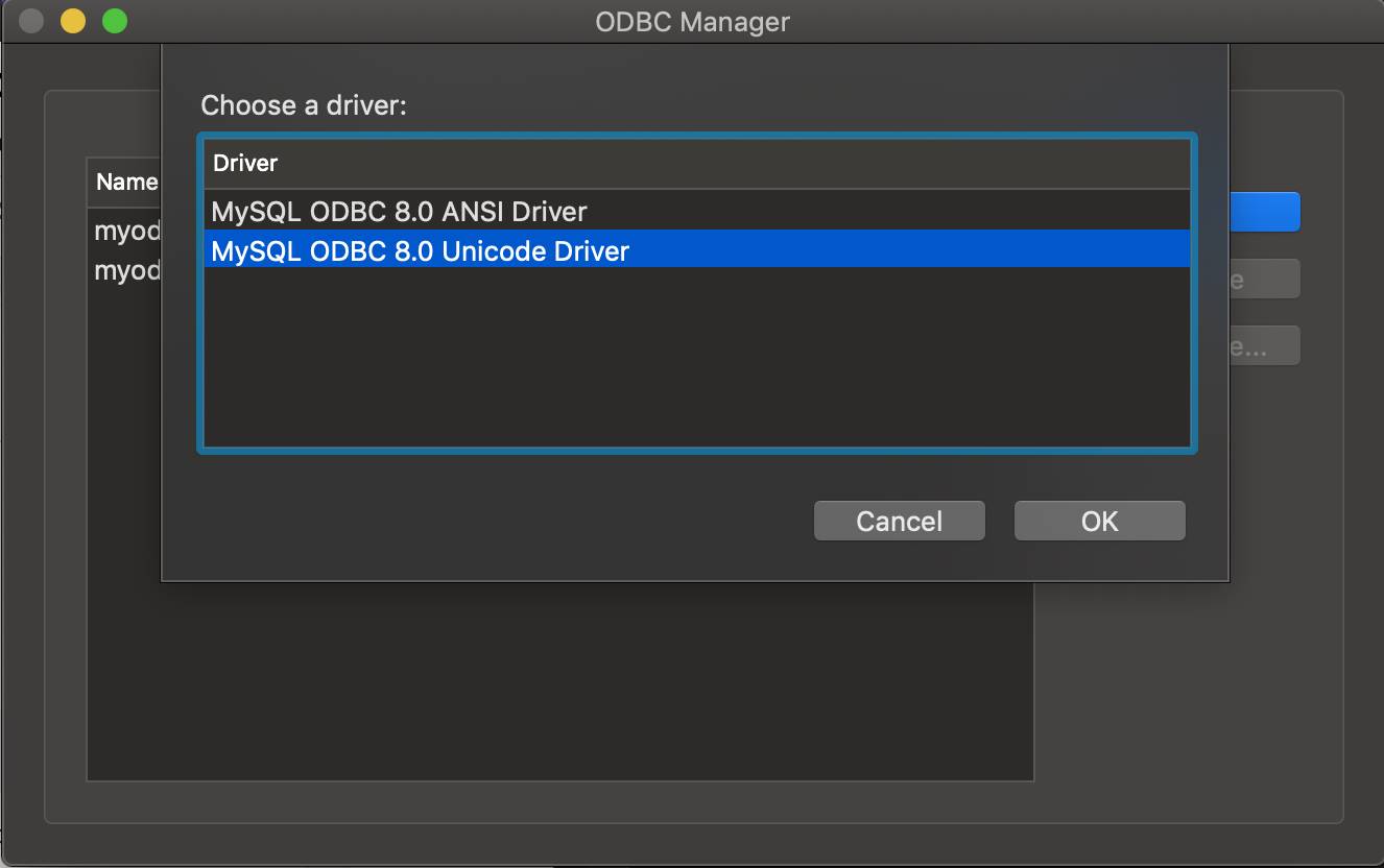 ODBC Administrator dialog box Connector