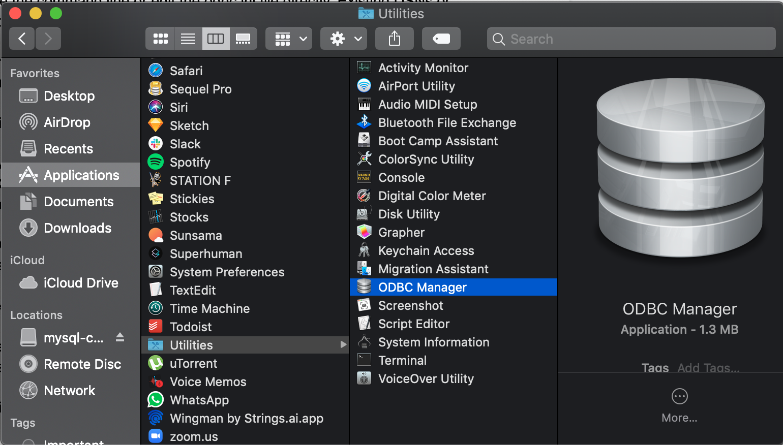 ODBC Administrator in the Applications folder