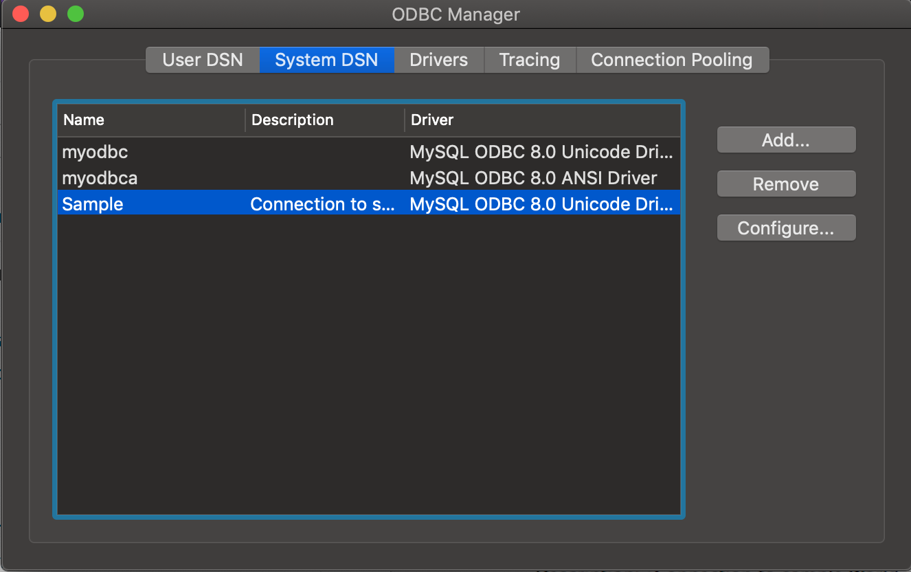 ODBC Administrator dialog box DSN