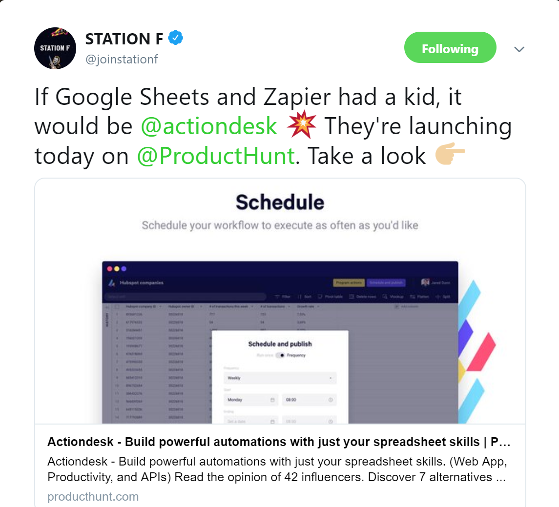 actiondesk producthunt, tweet screenshot