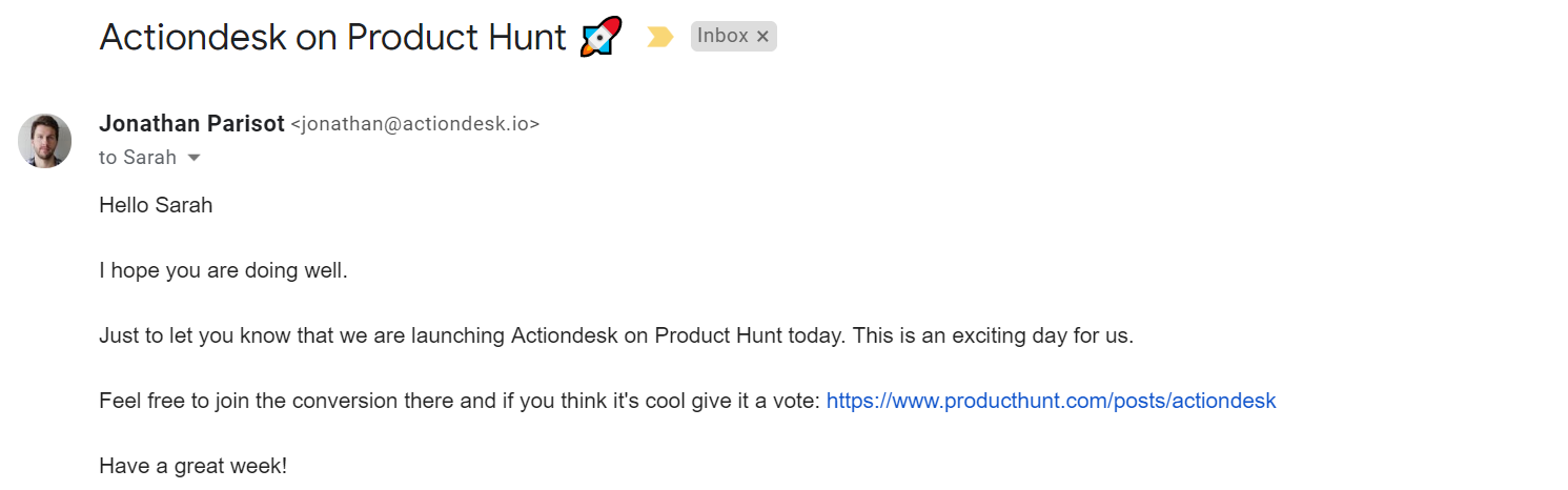 actiondesk producthunt screenshot email