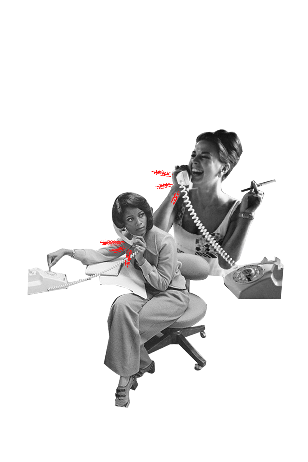 Two women from the 60s holding telephone.