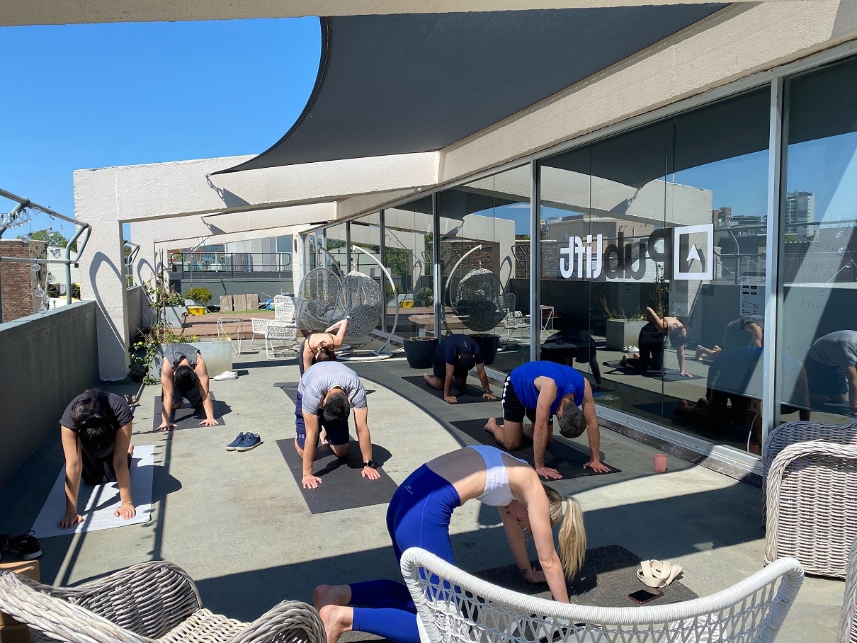 Yoga Fridays on the balcony at Publift