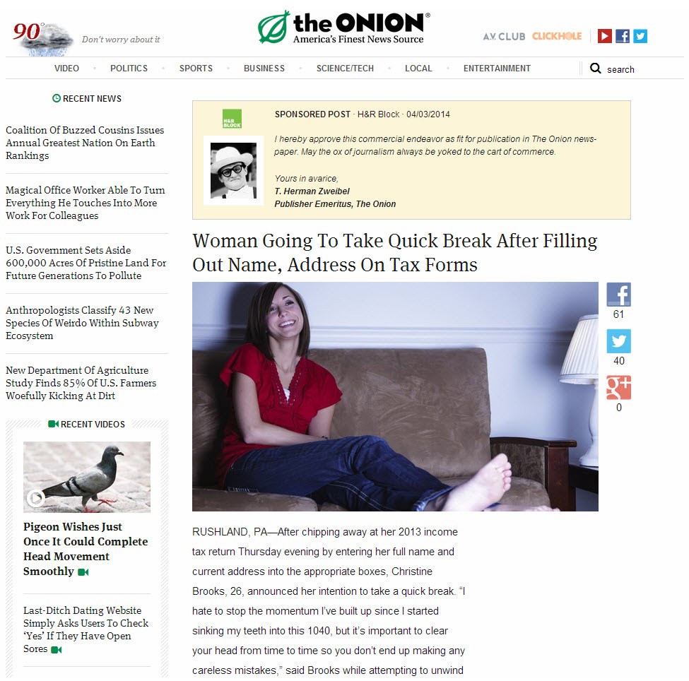 Example of native advertising on The Onion