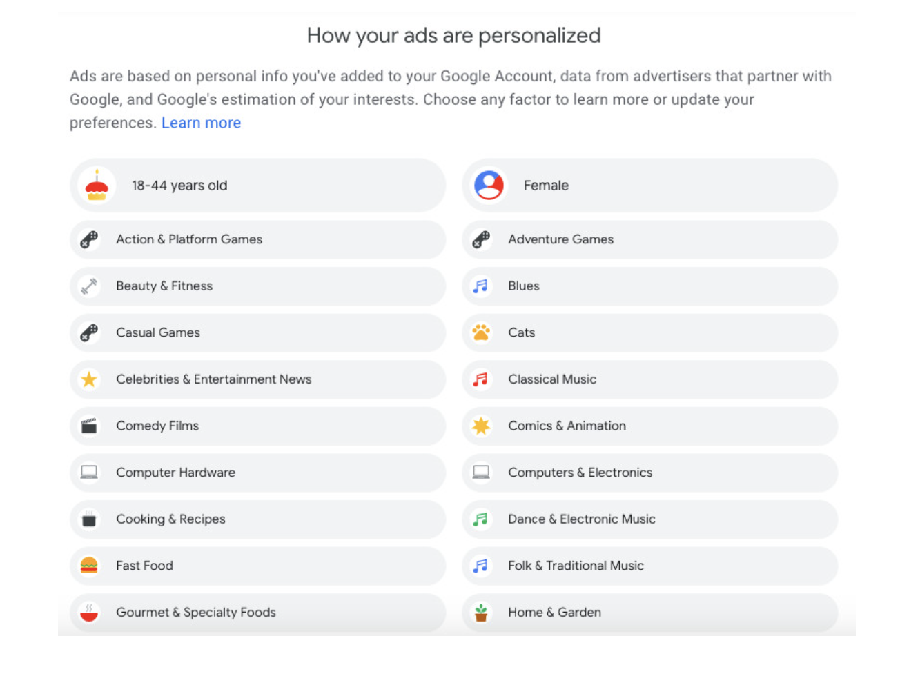 Google Ad behavioural targeting preferences