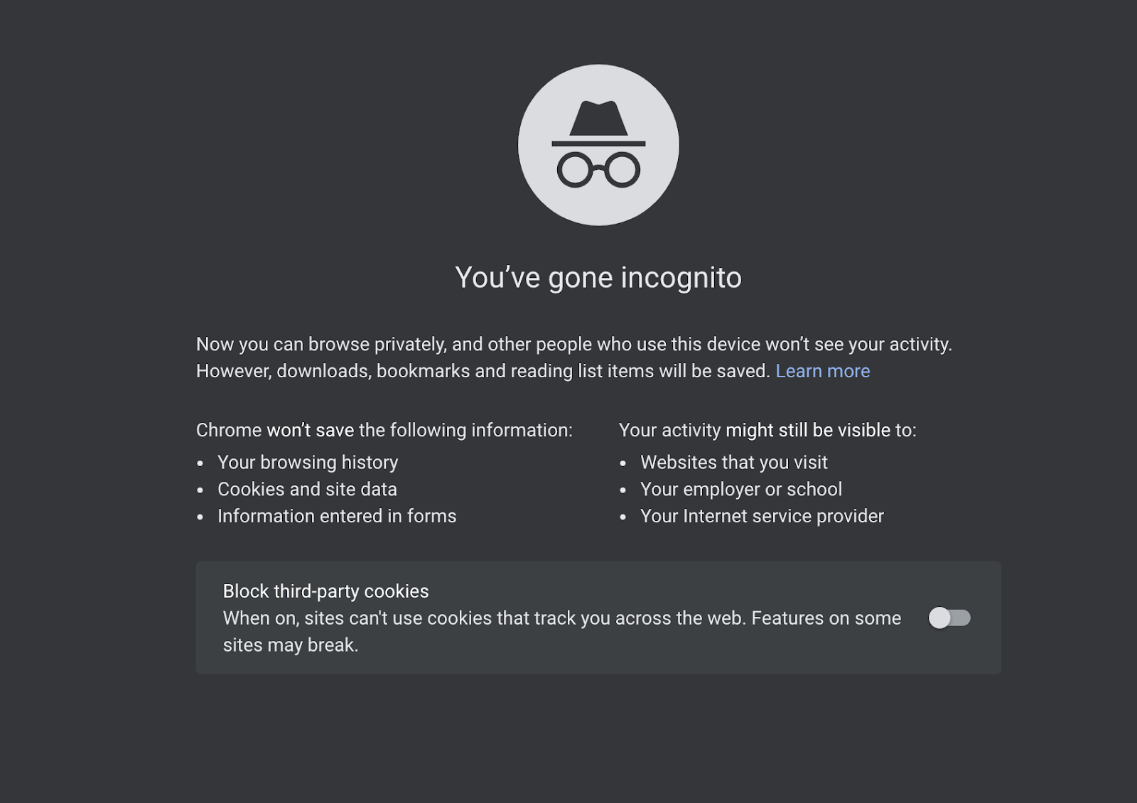 Incognito mode offering third party cookie blocking option on Google Chrome