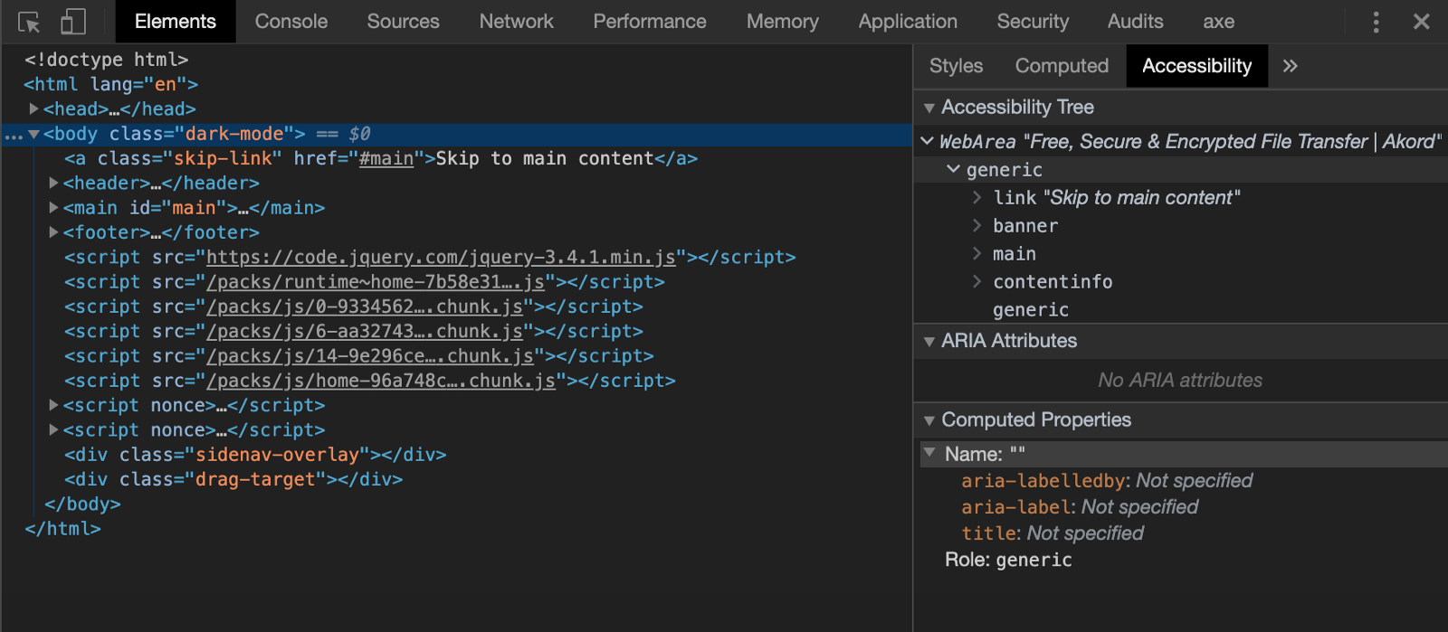 A screenshot of Chrome’s Developer Tools and the Accessibility Tree panel