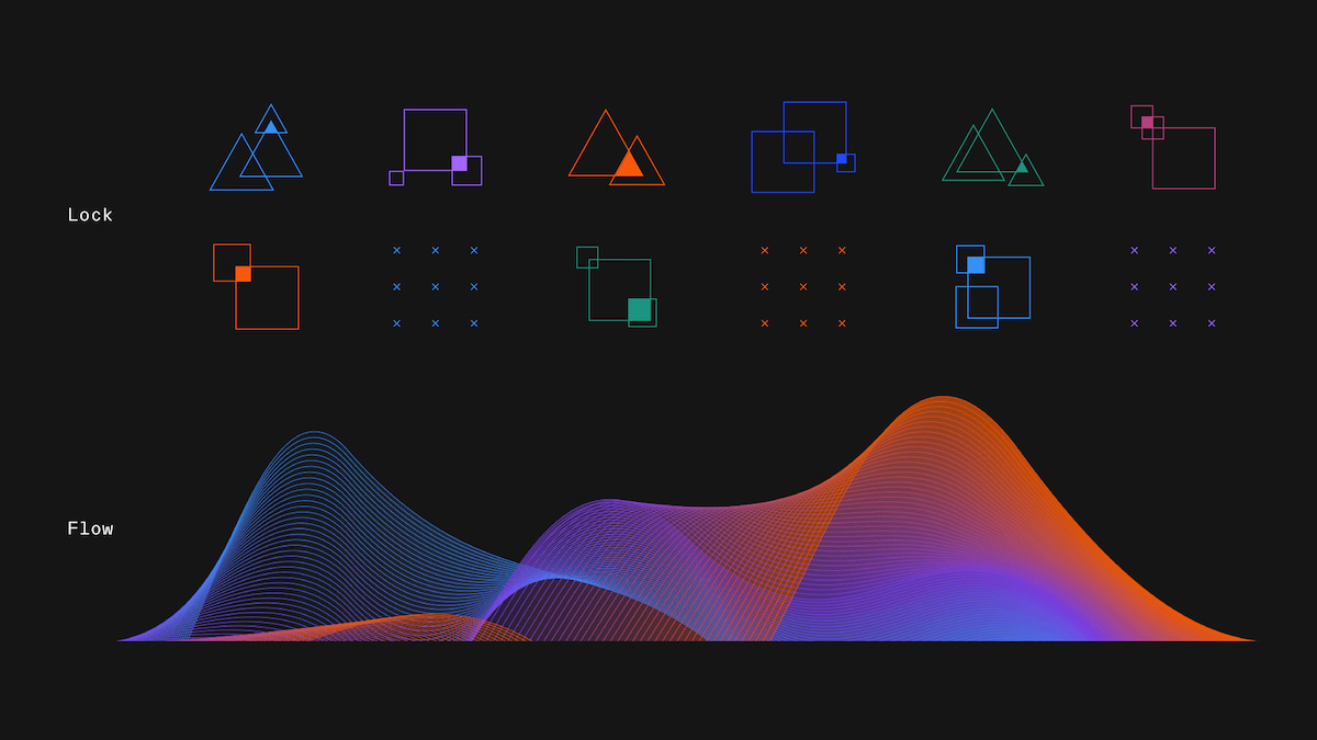 Examples of abstract shapes, squares or triangles, connecting together and wave shape going from solid to lines.