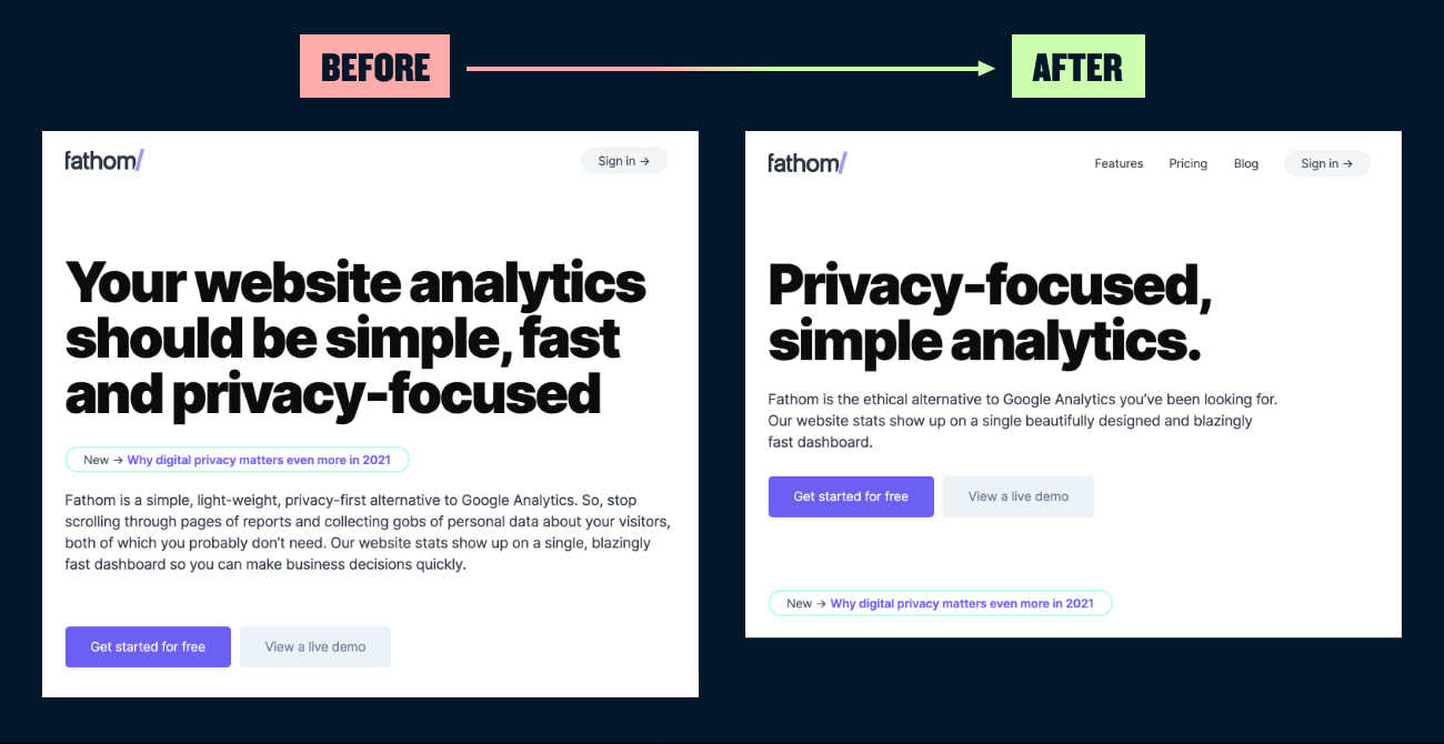A before and after showing a website's copy edited down.