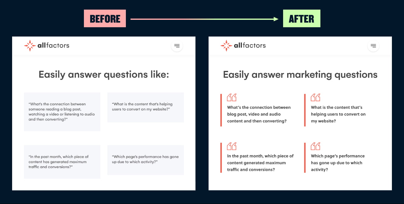 A before and after showing a layout with styled quotes.