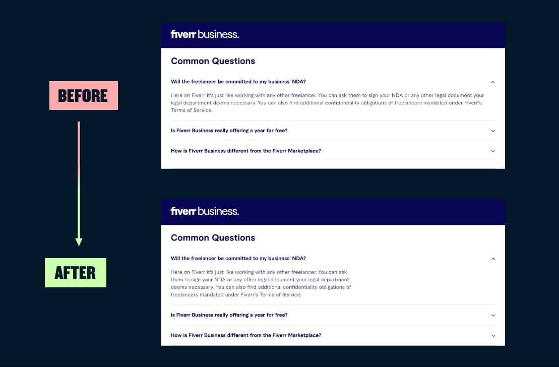 A before and after showing shorter line lengths in an FAQ section