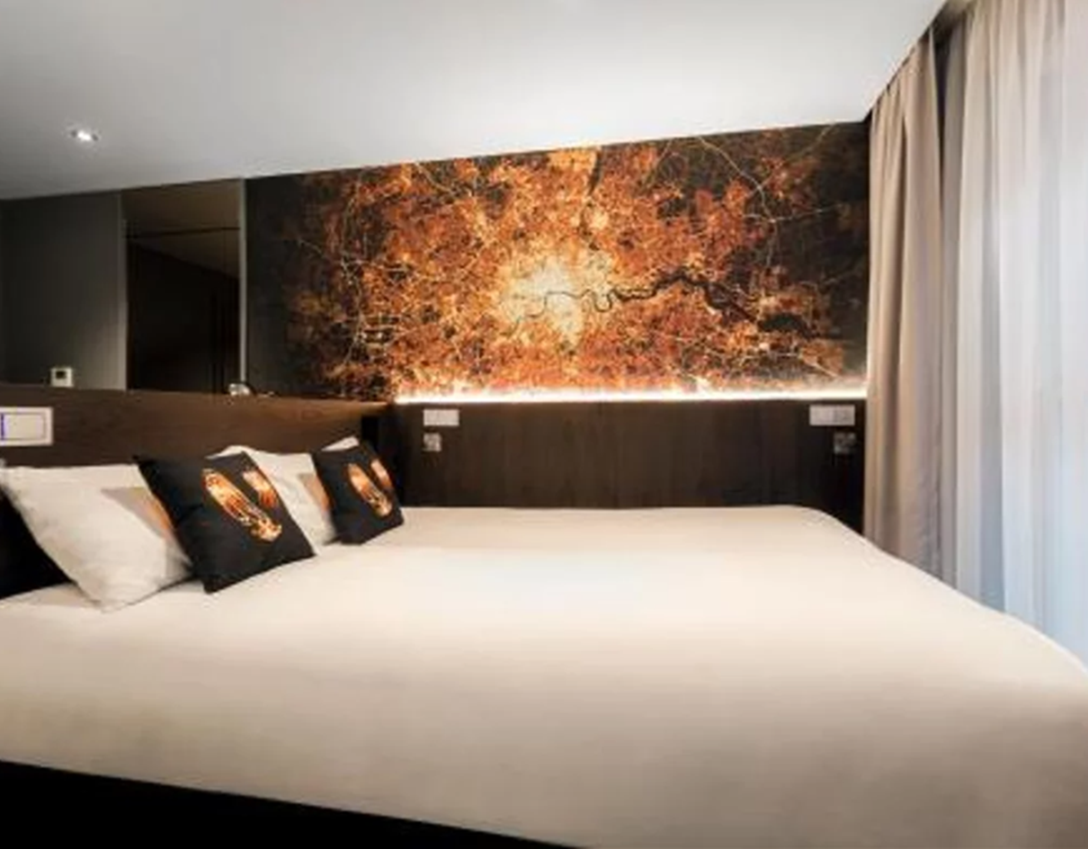 hotel room, double bed