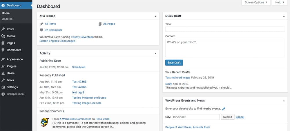 WordPress dashboard