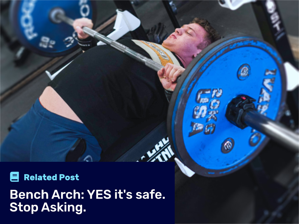 Man bench pressing with arch in his back.