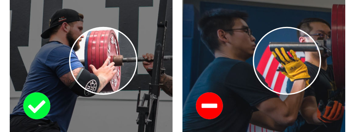 Left: Proper spotting with hands cradling the plates. Right: Improper spotting with hands underneath the bar. Spotter in right has an additional spotter cradling the plates for backup.