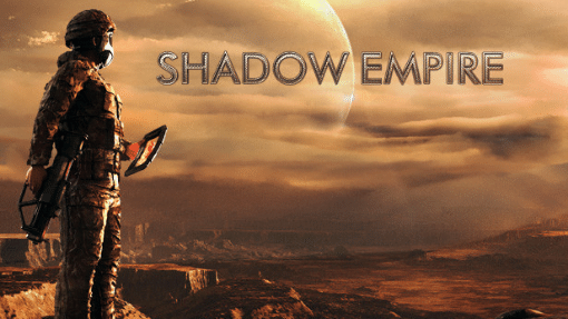 Futuristic looking fighter overlooking desert canyon with the words "Shadow Empire"