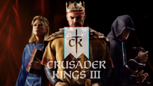 Crusader Kings 3 promotional art with king, queen, and thief