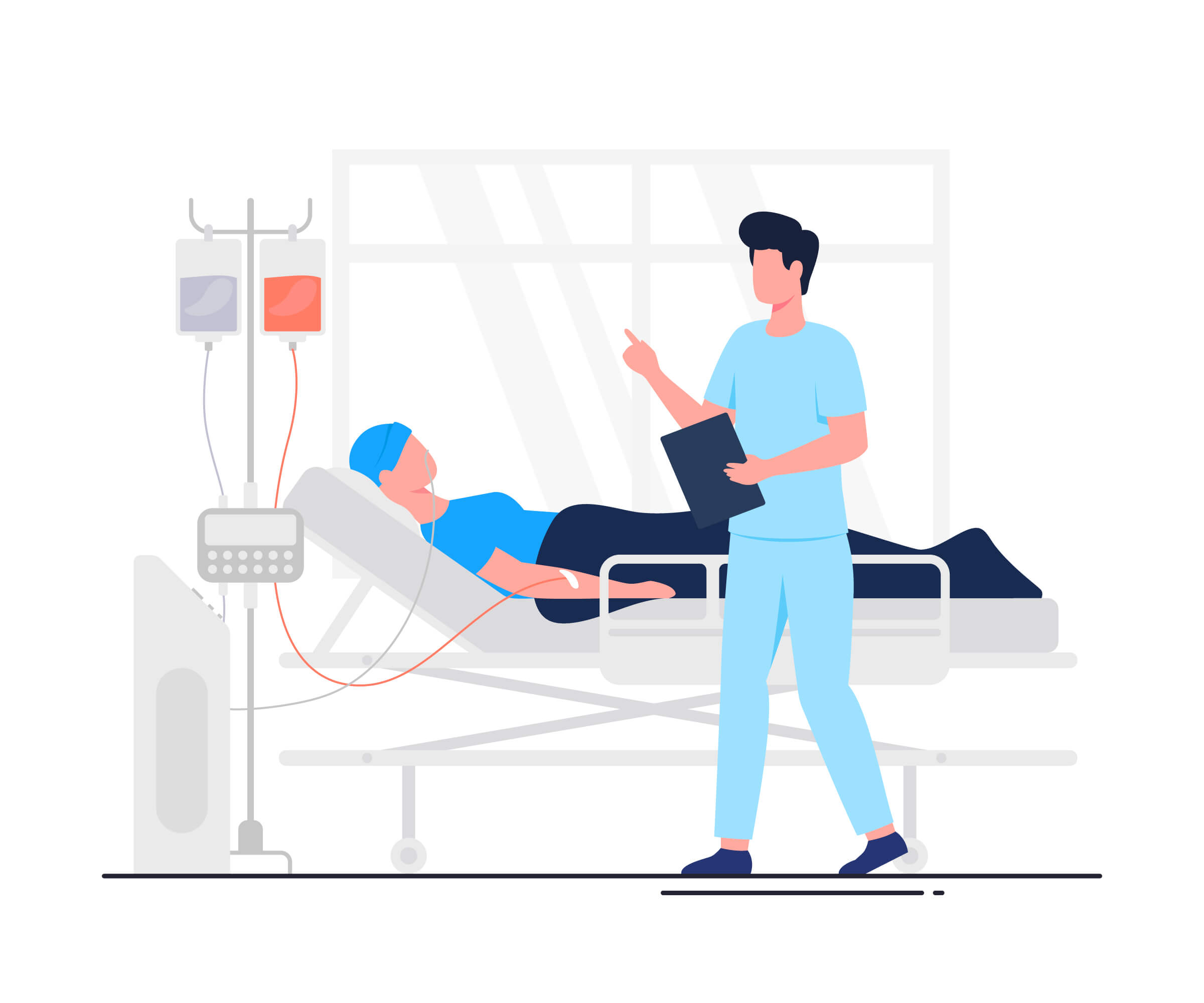Ilustración de un paciente recuperándose con un médico. 