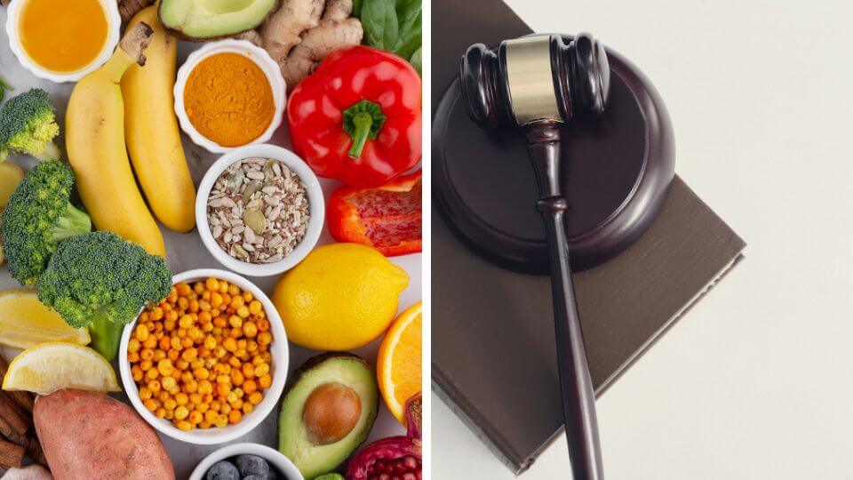 a comparison o a table with different vegetables and a judge's gavel