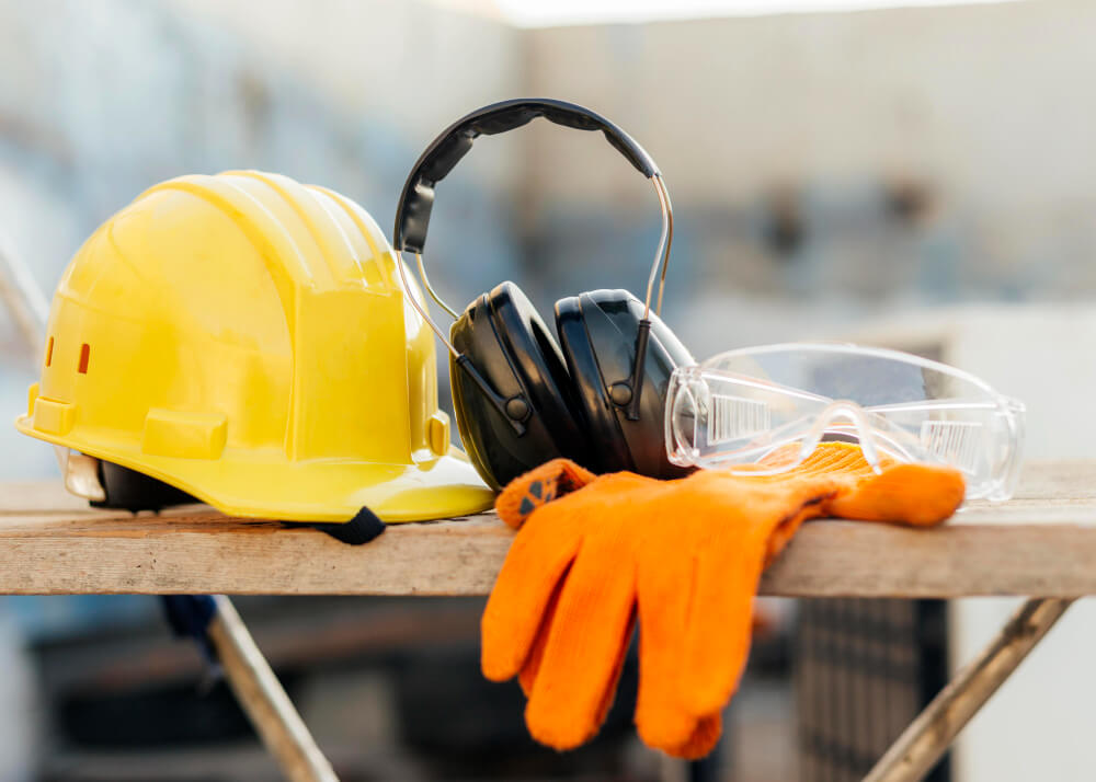 vista frontal gafas de protección con casco auriculares