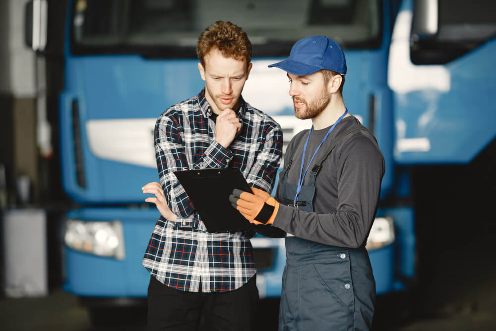 dos tipos hablando de trabajo cerca de un camión 
