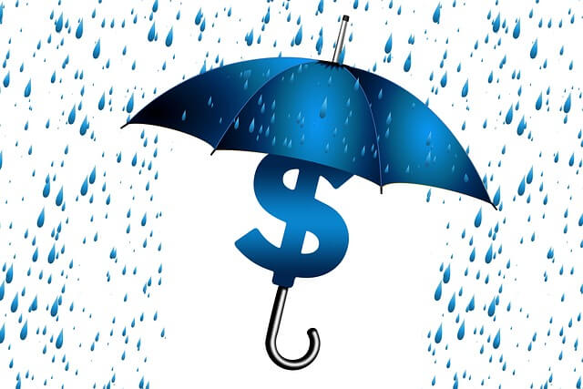 Graphic of a dollar sign protected under and umbrella from a rain of debt. 