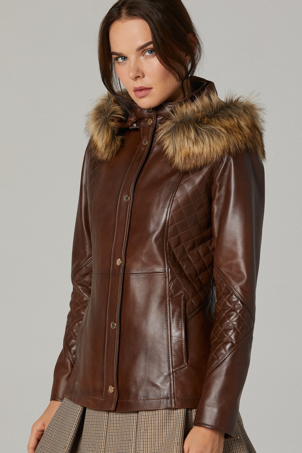 Women's Leather Coat with Faux Fur Hood 