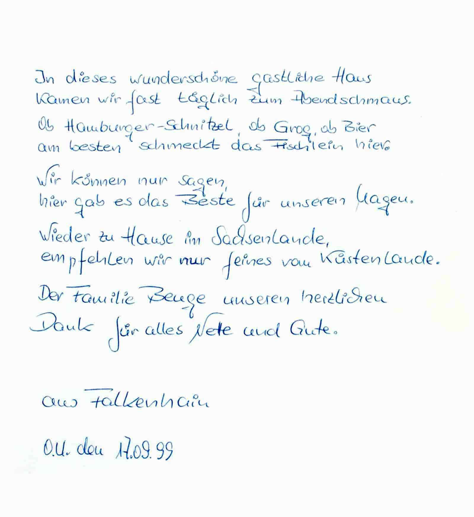 Handschriftliche Rezension im Gästebuch des Restaurant