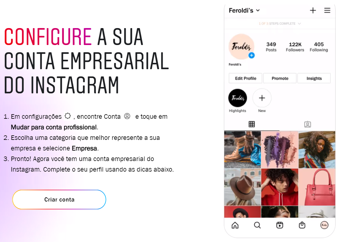 Orientações do Instagram para configurar conta empresarial