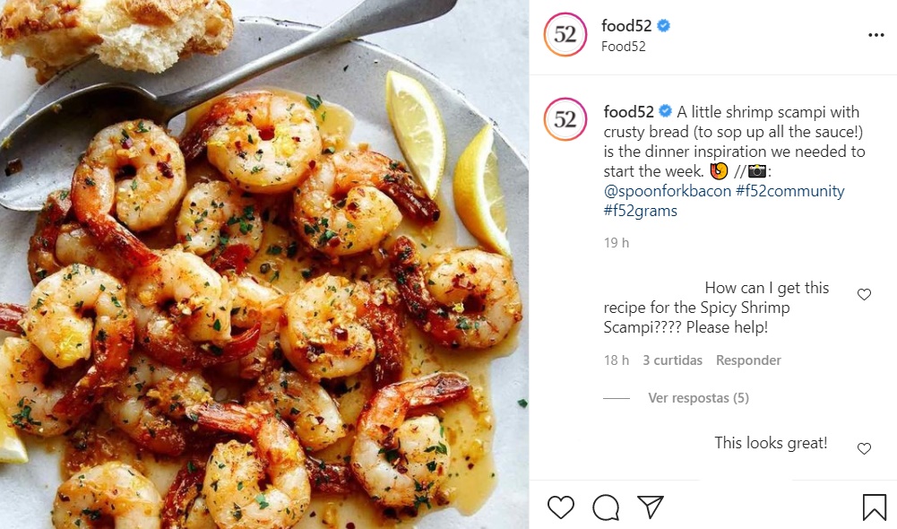 Foto de um prato com camarões do perfil @food52