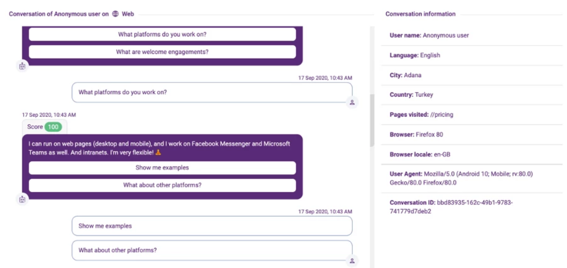 Example of FAQbot conversation history
