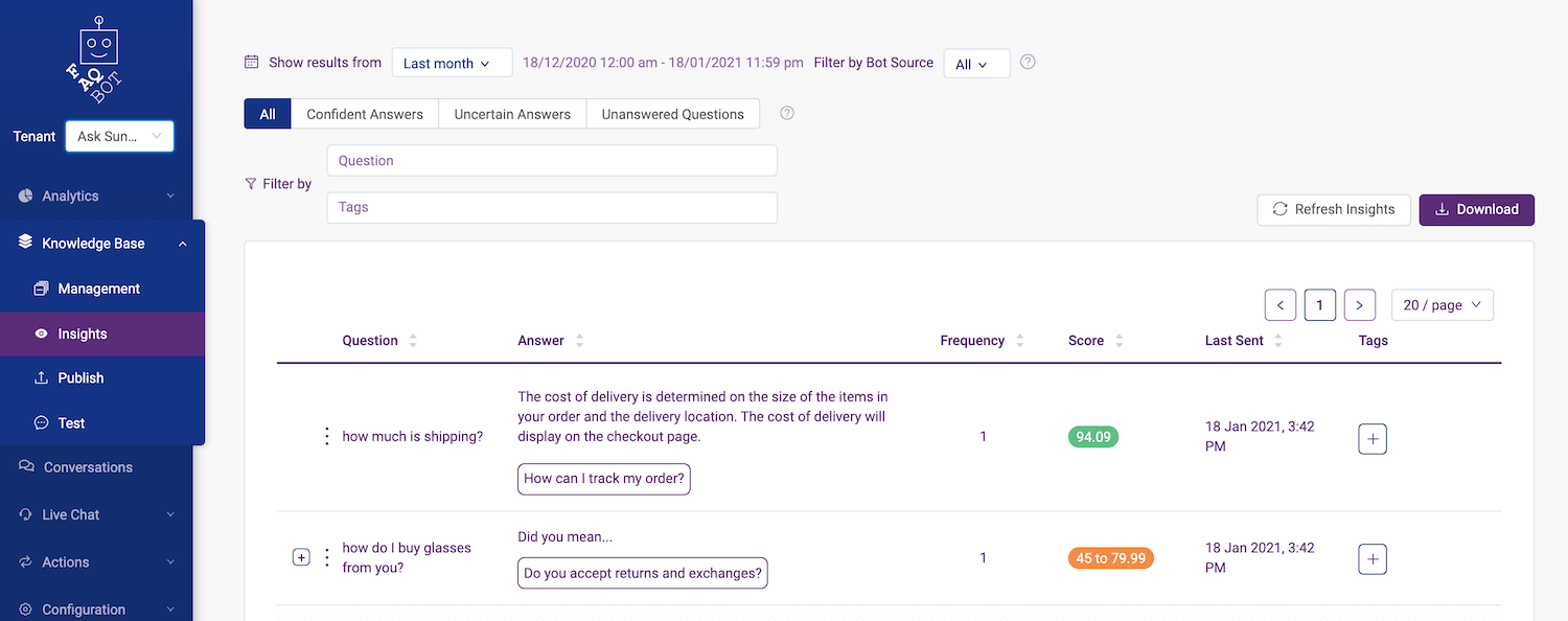 knowledge base insights in FAQ Bot