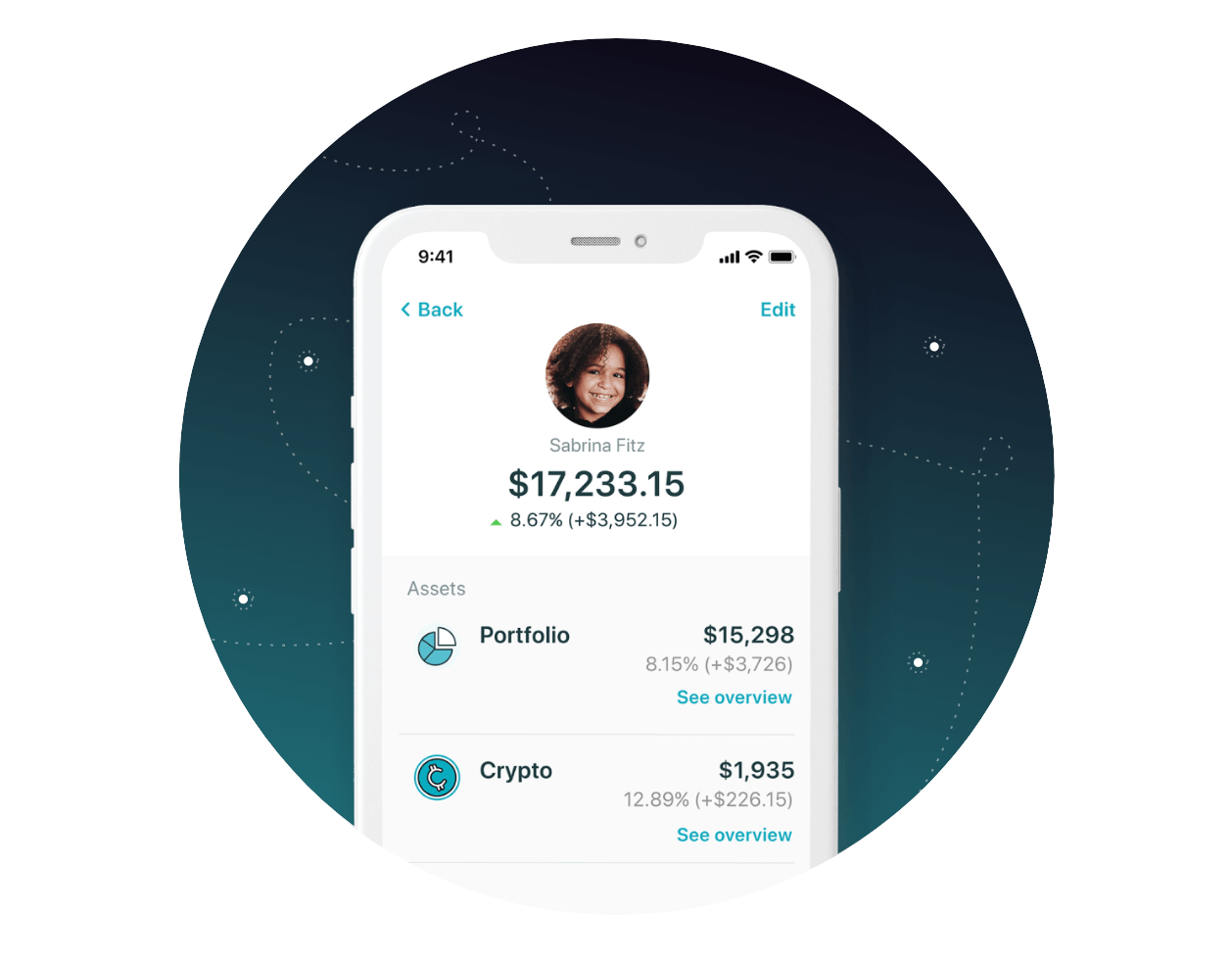 Illustration mobile view of EarlyBird portfolio with crypto