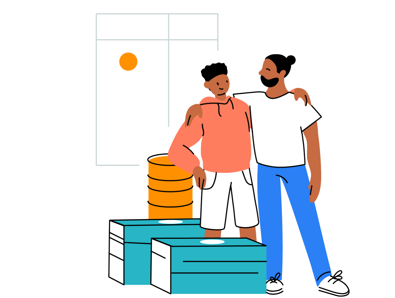 Illustration of father with arm around son next to pile of money