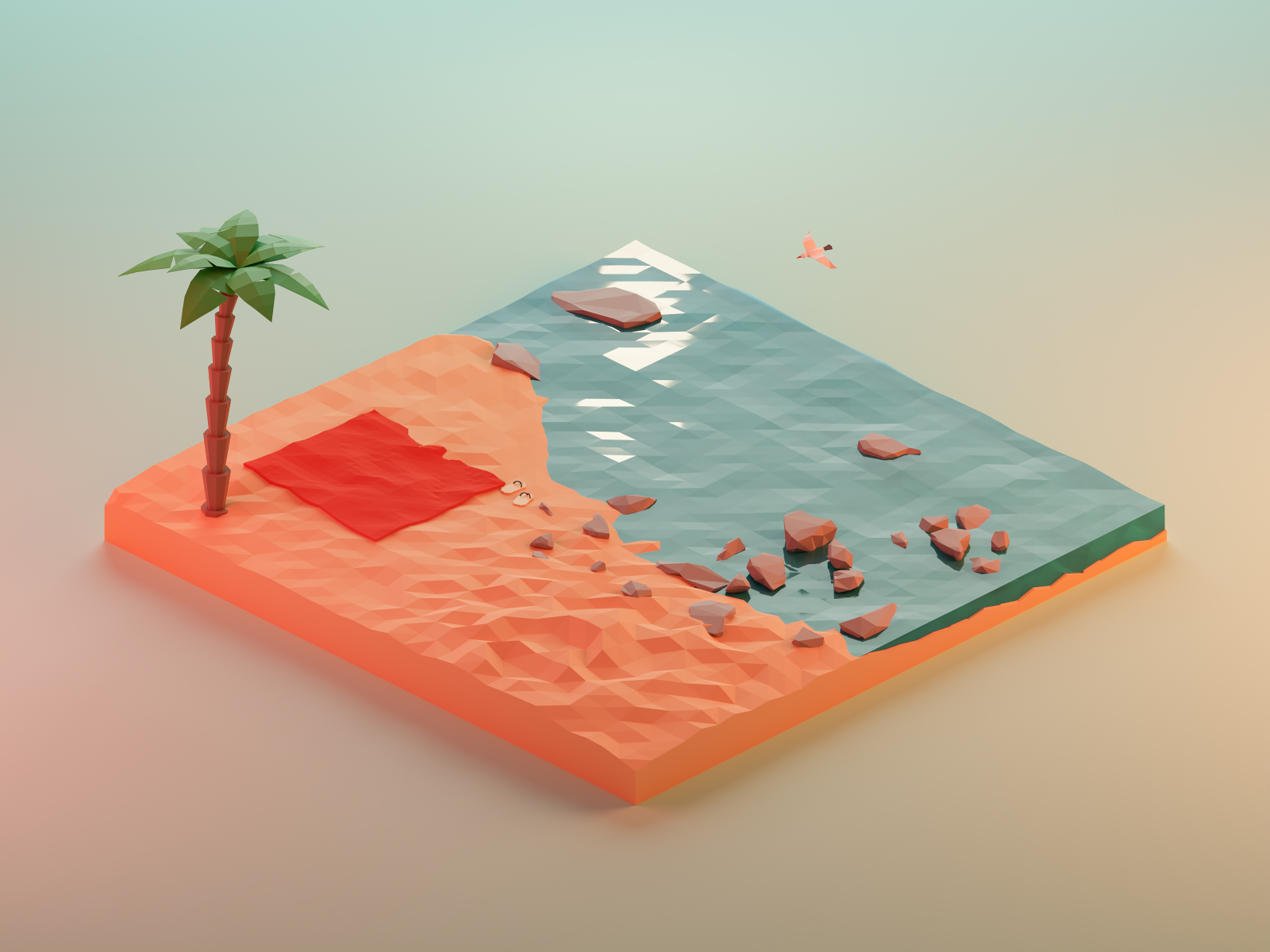 A 3D render of a low poly beach diorama in a sunset light. 