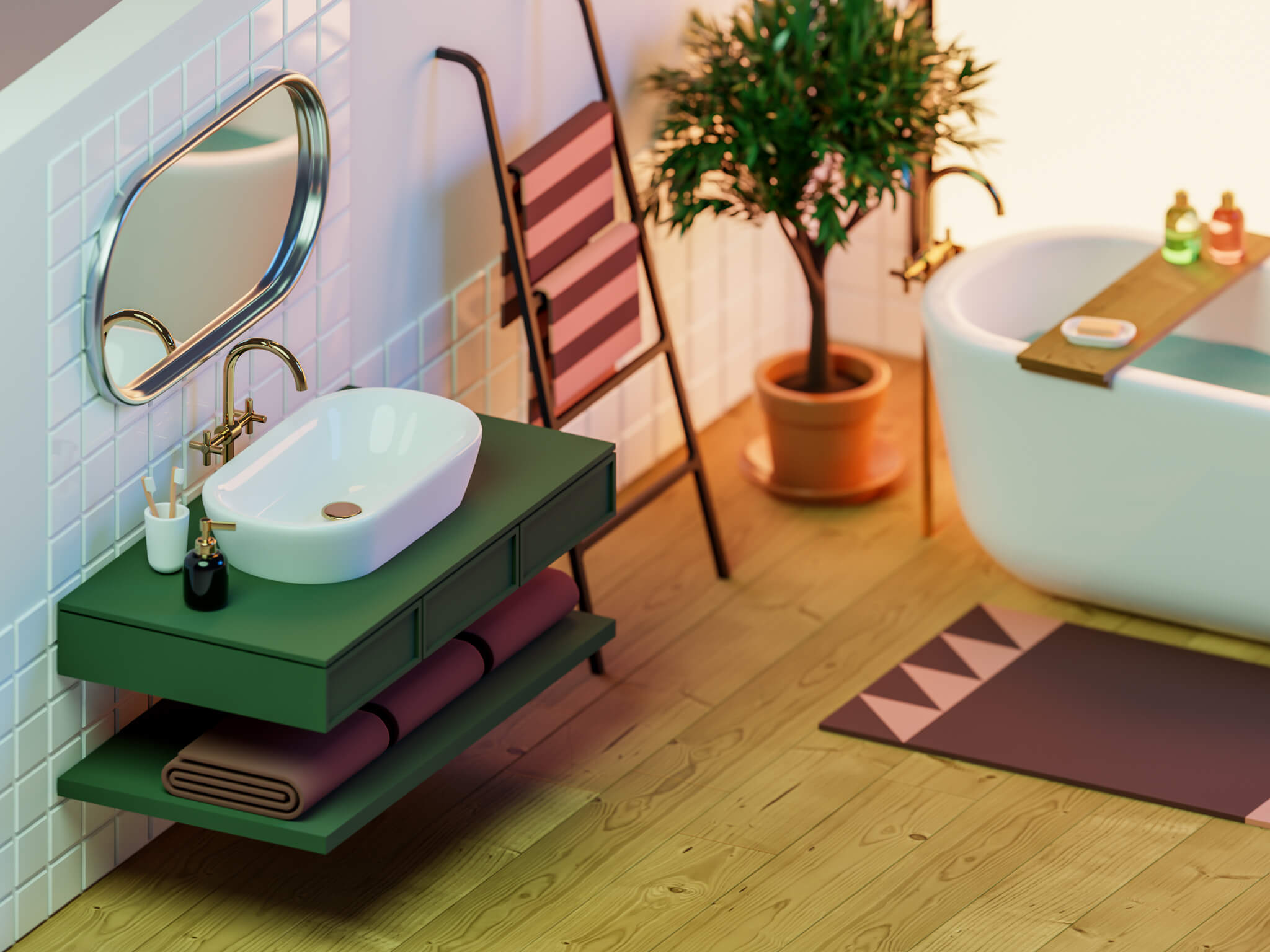 A 3D render of a semi-realistic bathroom diorama.