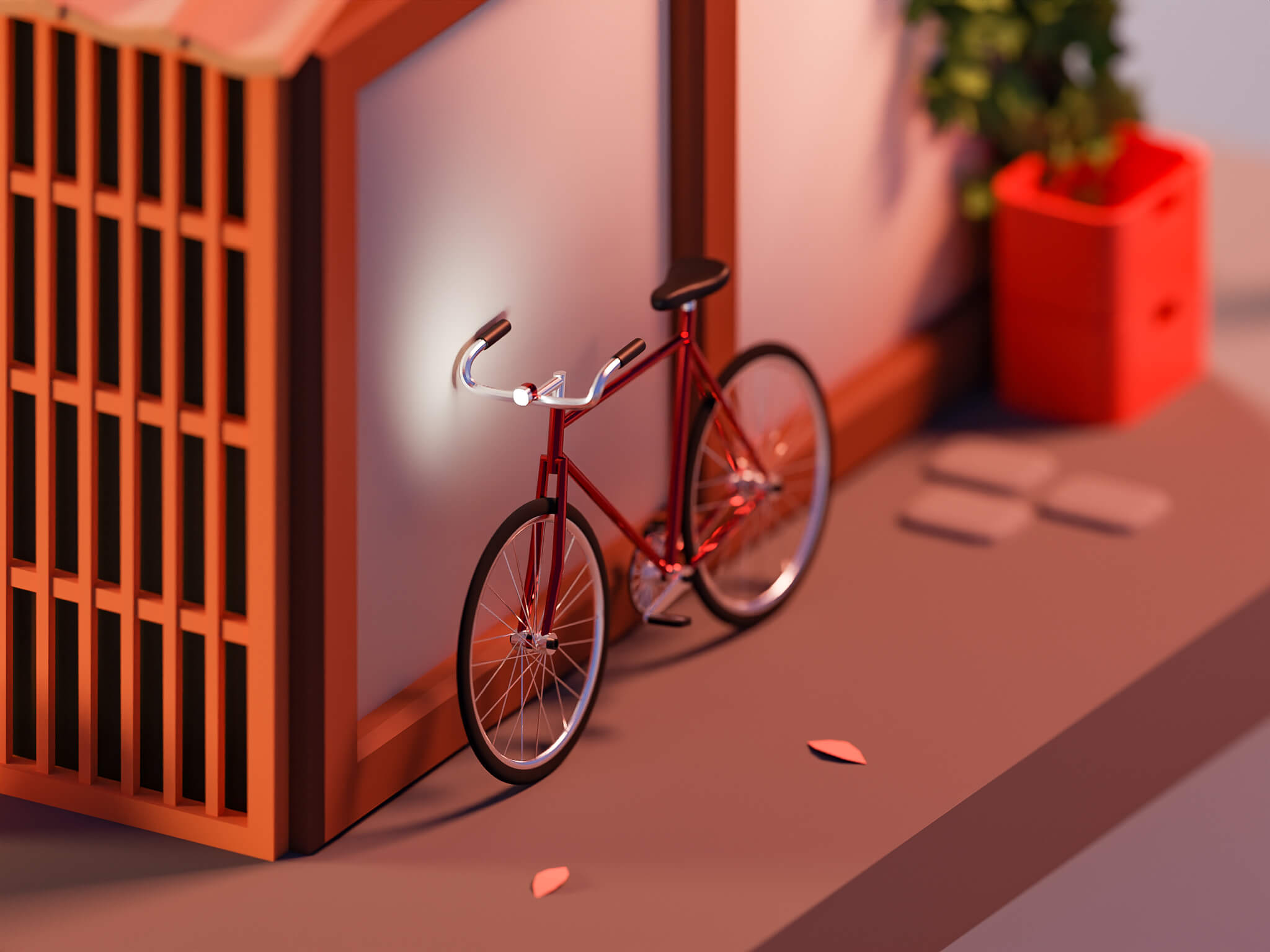 A 3D render of a diorama of a Japanese soba bar. There is a nice red bike leaning on the side of the building. The scene is in nice subdued autumn tones, and has a sense of calmness to it. 
