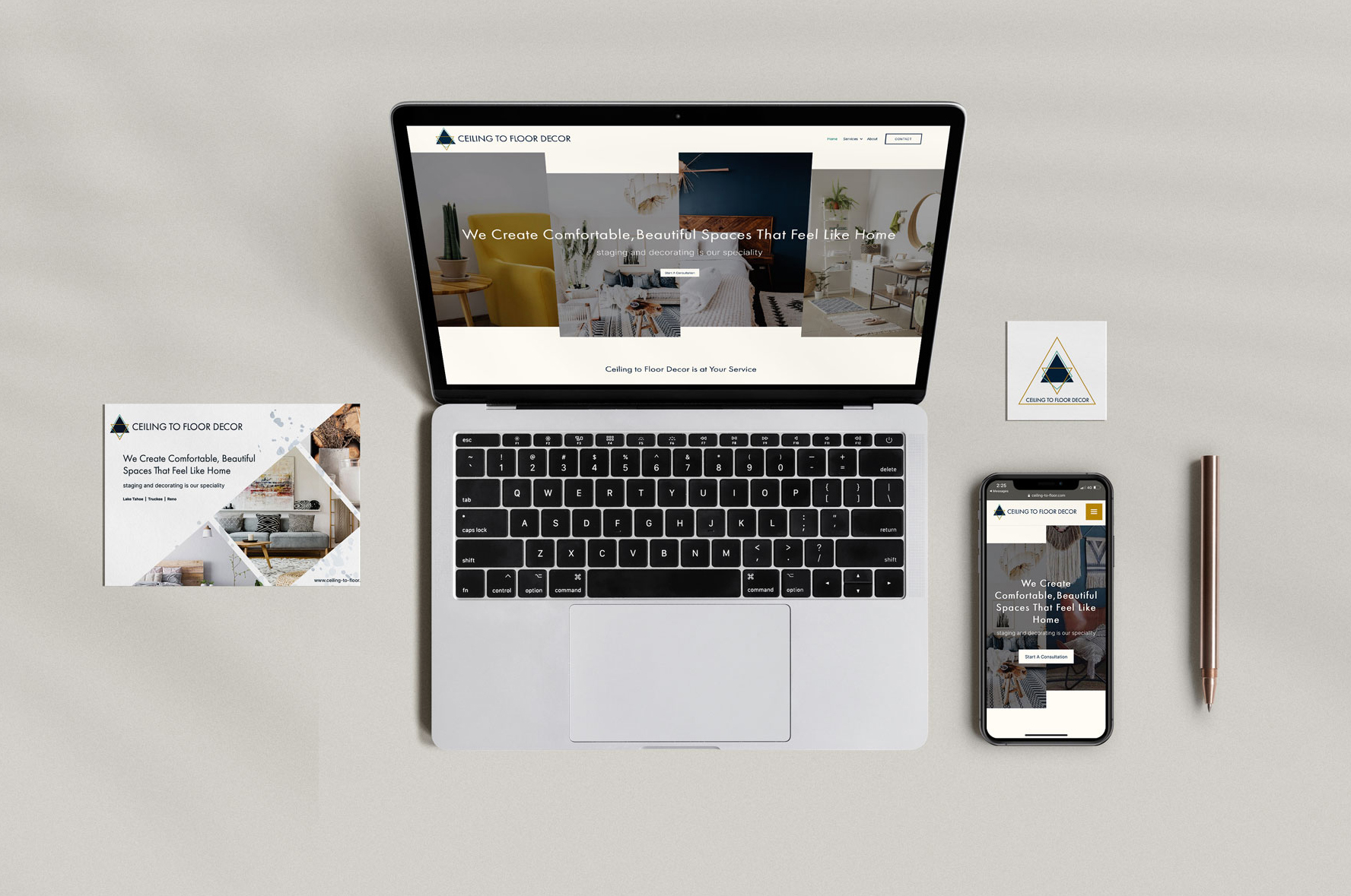 Ceiling to Floor Decor Laptop with phone desk scene